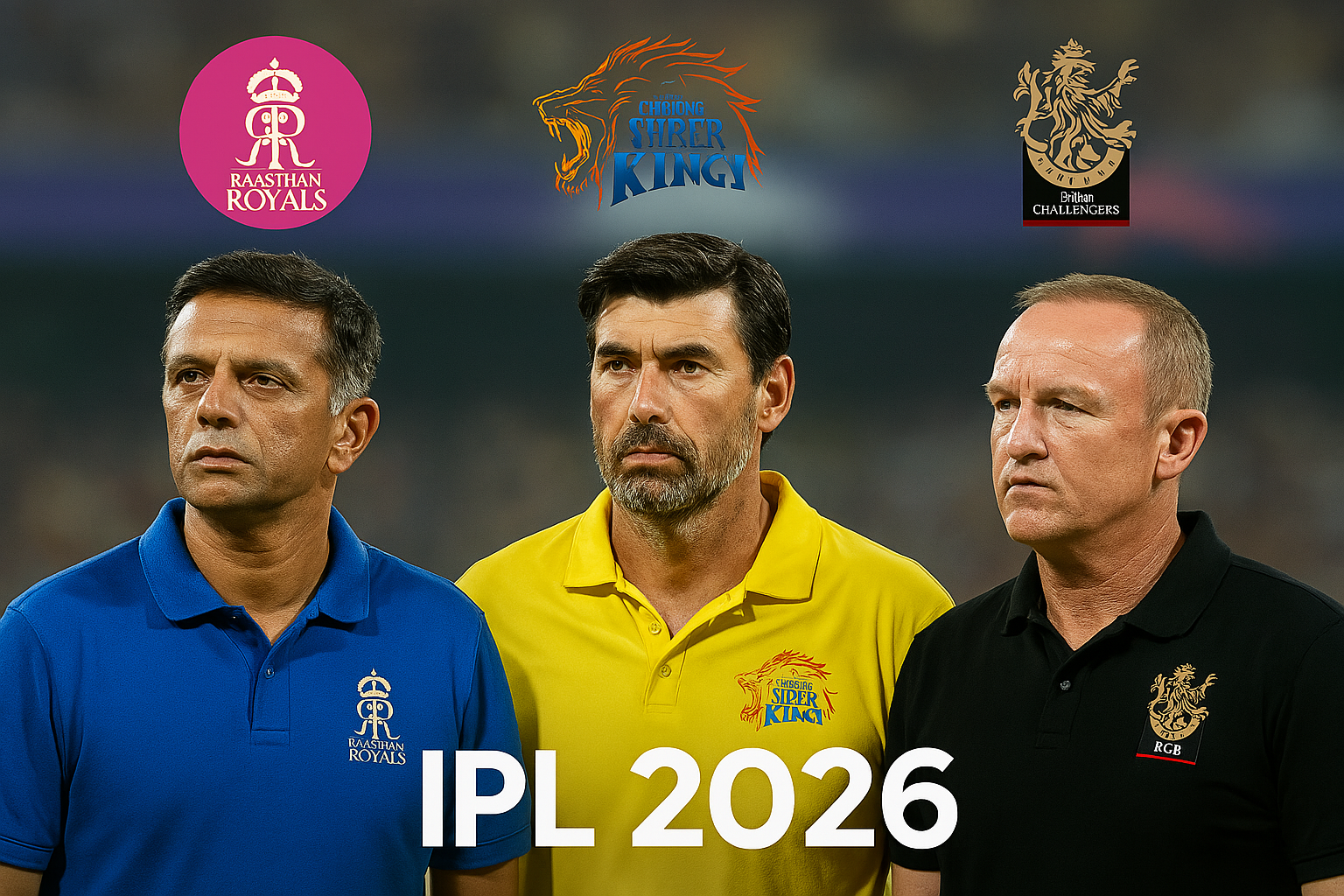 IPL 2026 coaching staff montage featuring Stephen Fleming, Rahul Dravid, and Andy Flower with team logos of CSK, RR, and RCB